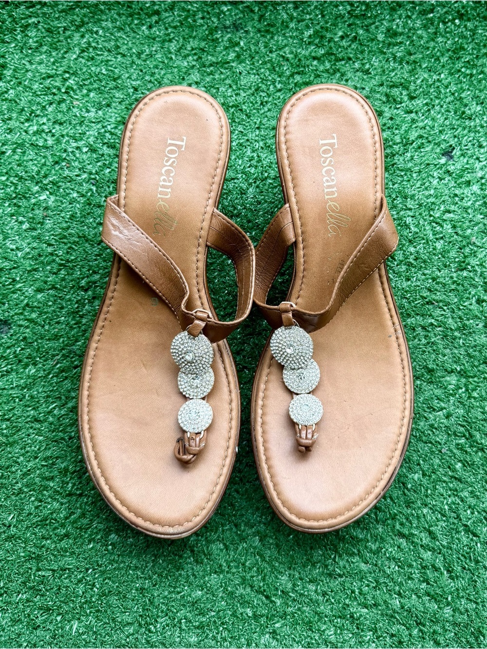 Toscanella Made in Italy Tan Leather Rhinestone Wedge Sandals Women's US 9